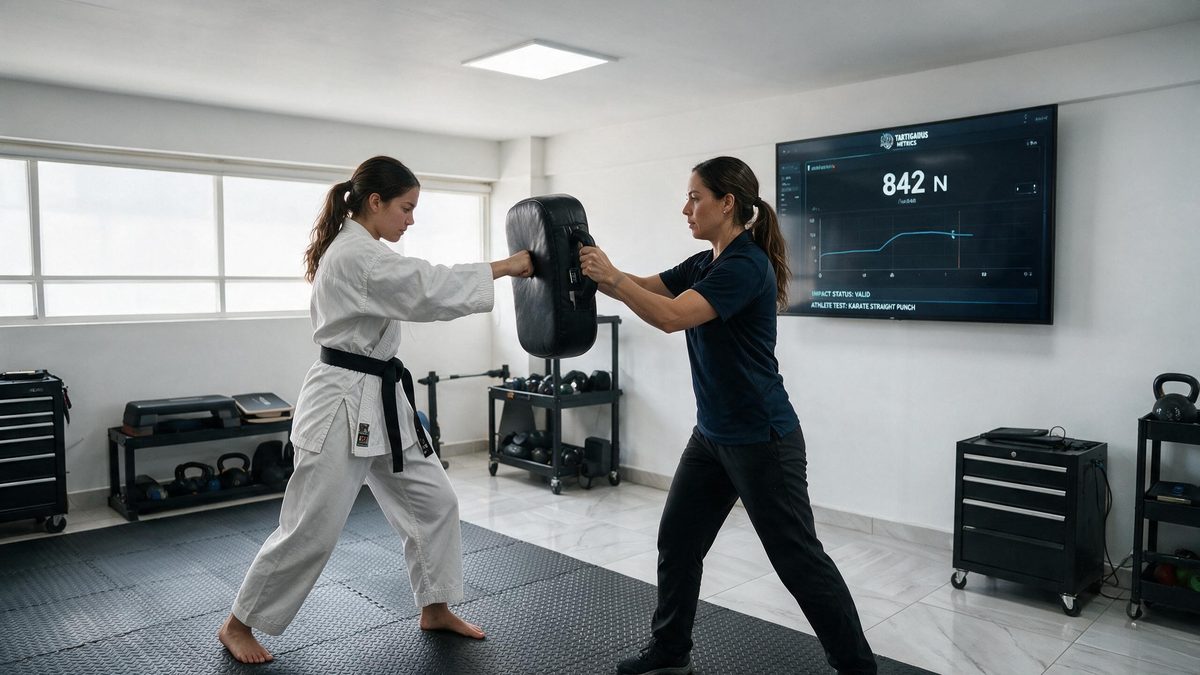 Karateca golpeando una paleta de impacto sostenida por la evaluadora, con la fuerza del golpe en pantalla