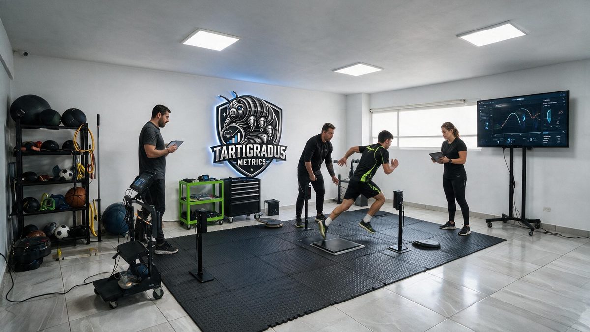 Evaluador con tableta mientras un atleta arranca un sprint entre fotocélulas, con el tablero de resultados en pantalla