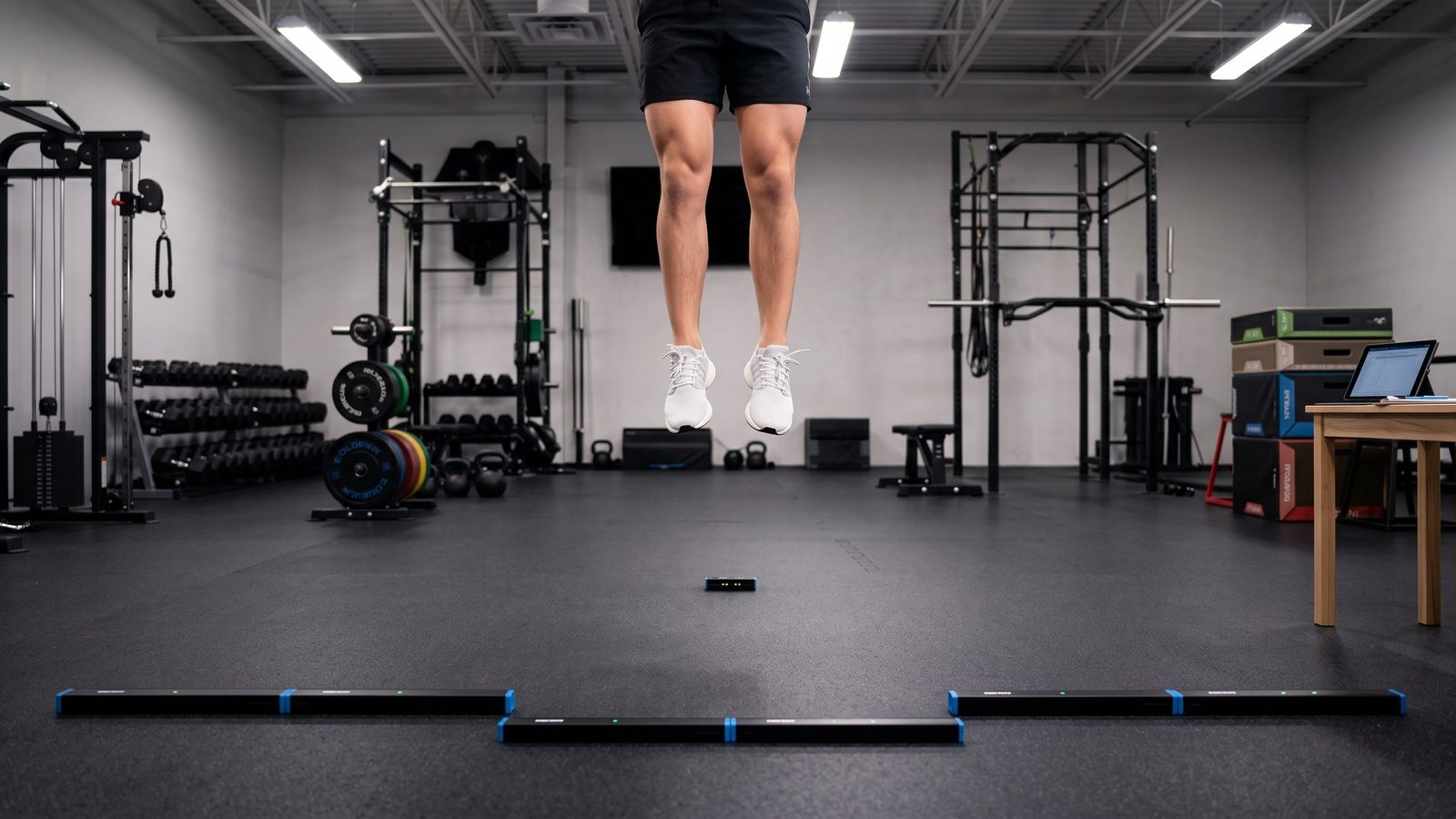 Atleta en el aire durante un salto vertical, con barras de fotocélulas en el piso de un centro de evaluación