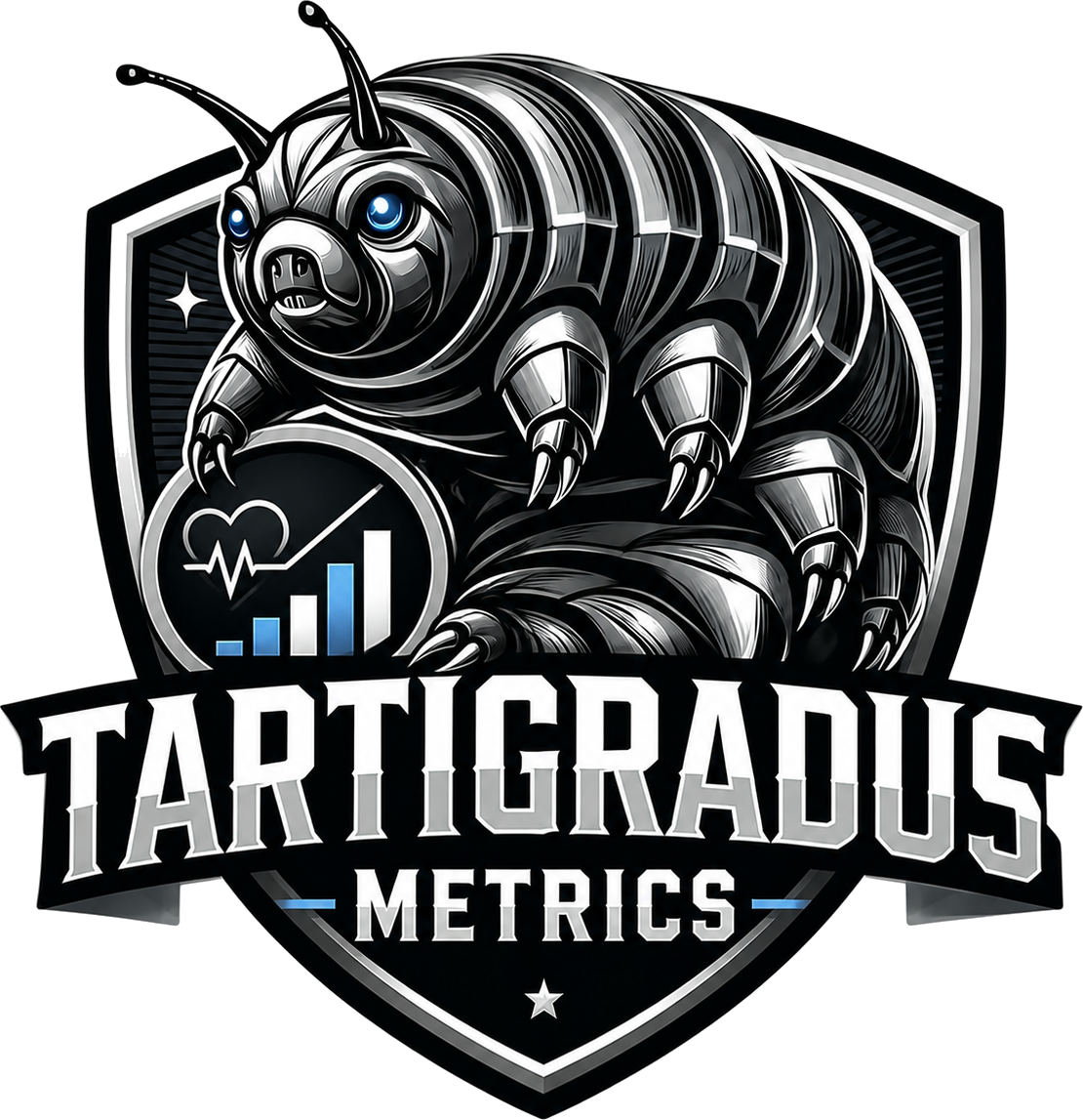Escudo de Tartígradus Metrics: tardígrado sobre escudo con gráfica de rendimiento